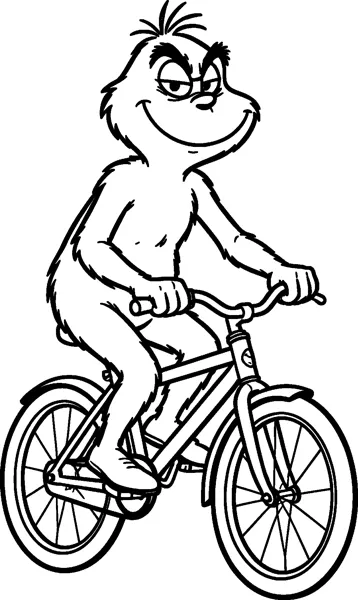 The Grinch rides a bicycle with spoked wheels, gripping the handlebars and smiling slyly under bushy eyebrows.