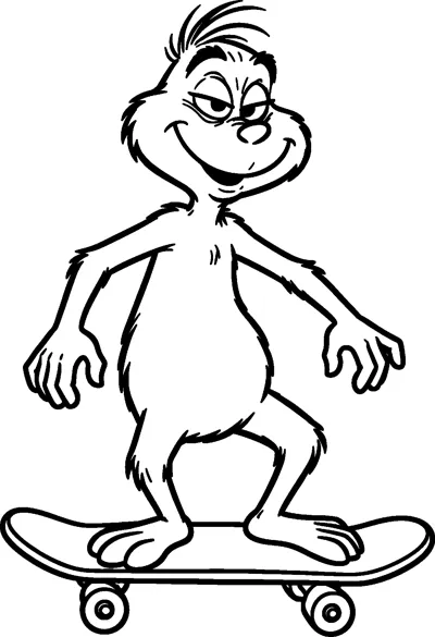 The Grinch balances on a skateboard with his long arms stretched out and a cheeky grin on his face.