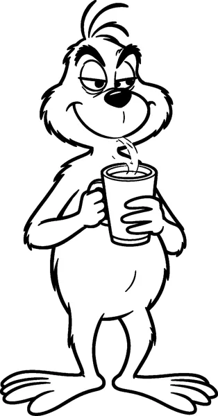 The Grinch holds a steaming mug of hot cocoa in both hands, smiling with half-closed eyes and a round belly.