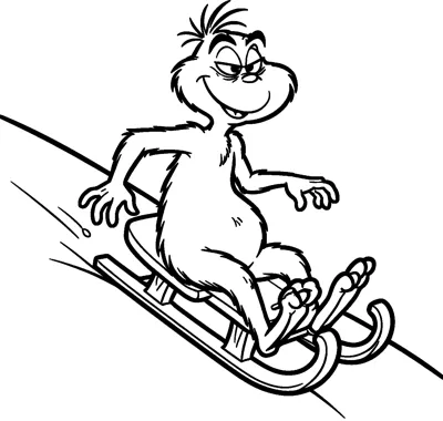 The Grinch zooms down a snowy slope on a wooden sledge with his arms out and his feet up in front.
