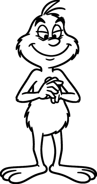 The Grinch standing with his long fingers clasped together, a sly curling smile and heavy half-closed eyes.