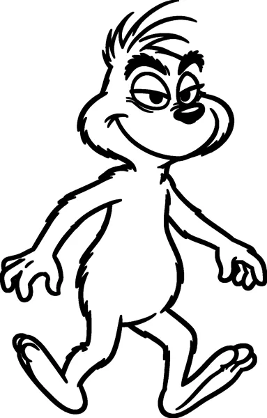 The Grinch takes a big sneaky step with his long arms out to the sides and a mischievous half-closed grin.