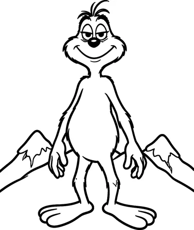 The Grinch standing tall and smiling slyly in front of a row of snow-capped mountain peaks.