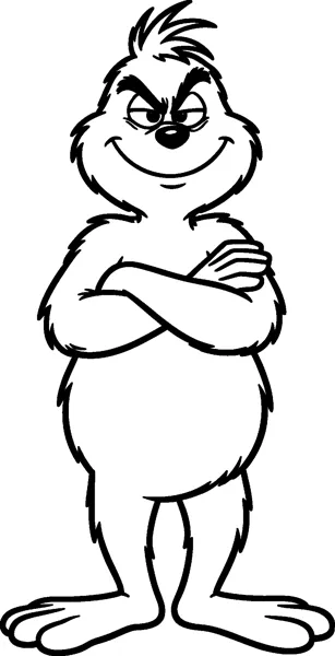 The Grinch stands with his arms folded over his round belly, wearing a sly smile under heavy, frowning eyebrows.