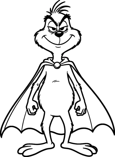 The Grinch stands with clenched fists and a flowing superhero cape fastened at his neck with a round clasp.