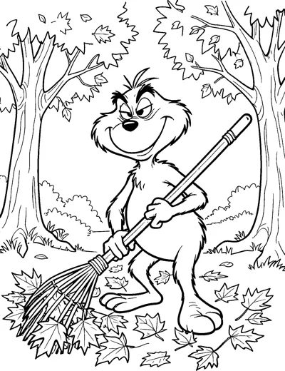 The Grinch sweeps a pile of maple leaves with a long-handled broom in a woodland clearing surrounded by trees.