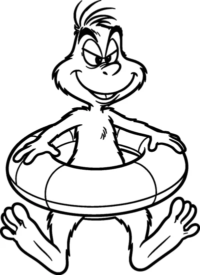 The Grinch floats in a big rubber ring with his arms resting on top and his long feet kicking out below.