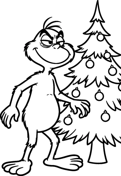 The sneaky Grinch tiptoeing past a decorated Christmas tree with round baubles, wearing a mischievous sideways grin.