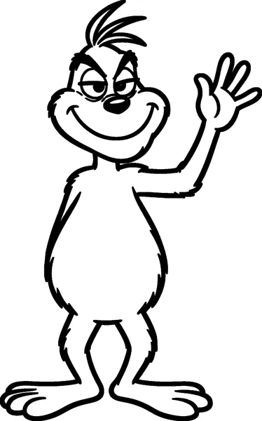 The Grinch stands with a sly smile and raises one long-fingered hand high to wave hello.