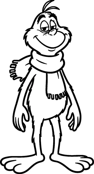 The Grinch with drowsy half-closed eyes and a sly smile, wearing a long knitted scarf with fringed ends.