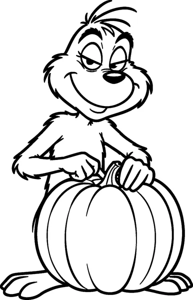 The Grinch leans over a large round pumpkin and grips its stem with both hands, wearing a sly grin.