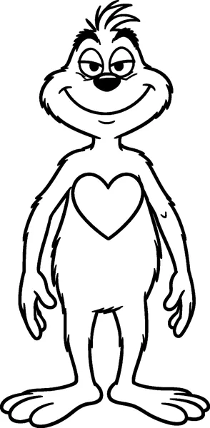 The Grinch standing with a sly smile and a large heart shape drawn in the middle of his furry chest.