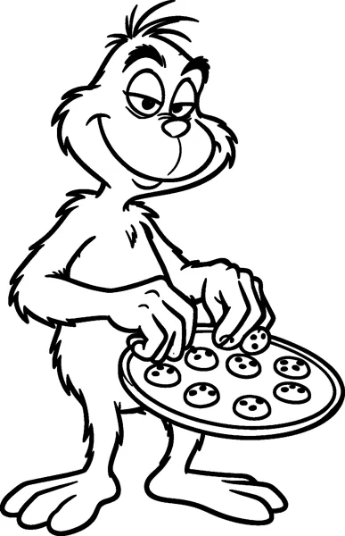 The Grinch picks a cookie from a round tray of chocolate chip cookies held against his belly, smiling slyly.
