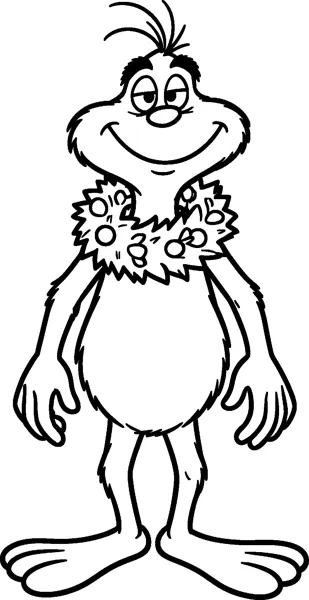 The Grinch smiling with half-closed eyes, wearing a leafy Christmas wreath with round berries around his neck.