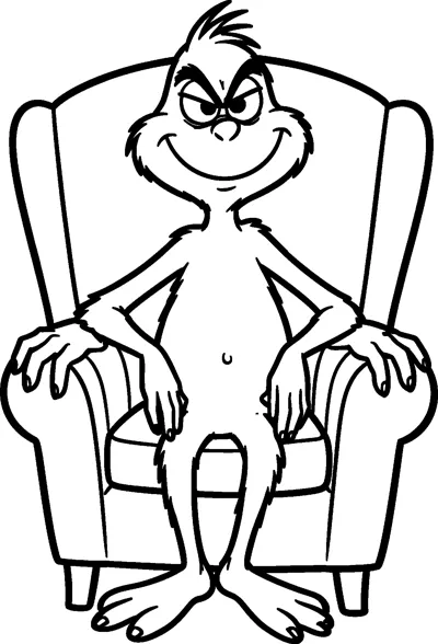The Grinch sits in a tall winged armchair with his long fingers resting on the arms and a grumpy, sly grin.