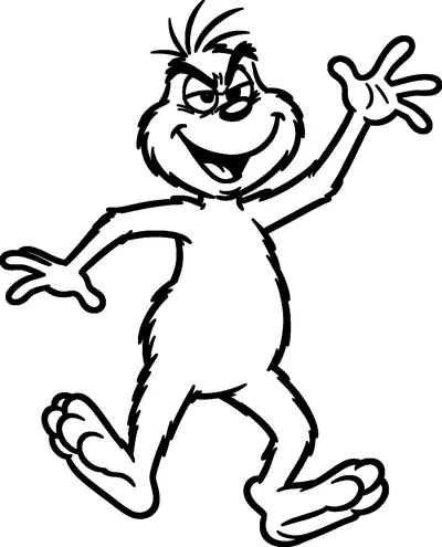 The Grinch leaps happily in the air with one hand waving high, a wide open smile and his big feet kicking out.