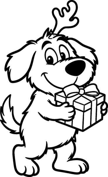 Max the scruffy dog with his single antler walking on his back legs while carrying a wrapped present with a bow.
