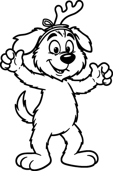 Max the scruffy dog dances on his back legs with his paws in the air and one antler tied on with a ribbon.