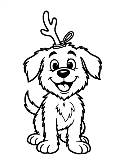 Max the scruffy little dog sits and smiles with his tongue out and a single antler tied to the top of his head.