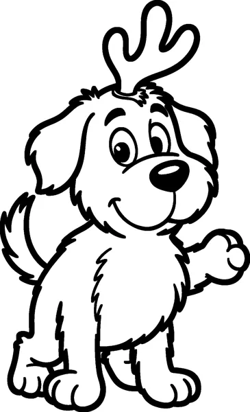 Max the scruffy little dog waving one paw and wagging his tail, with his single antler tied on top of his head.