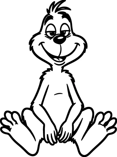 The Grinch sits on the ground with his big feet out in front, hands resting between his knees and a cheerful smile.