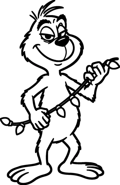 The Grinch grins sneakily as he holds a short string of Christmas light bulbs stretched between his two hands.