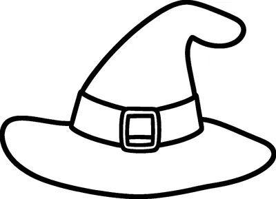 A pointy witch hat with a floppy bent tip, a wide brim and a band with a square buckle.