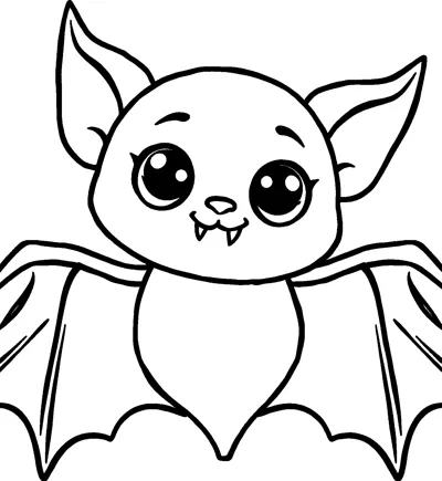 A cute baby bat with huge shiny eyes, rosy cheeks and two tiny fangs spreads its wings wide.