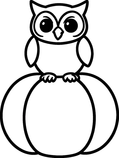 A round owl with big shiny eyes, pointed ear tufts and folded wings sitting on top of a large pumpkin.