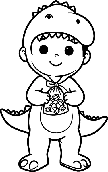 A smiling boy in a dinosaur costume with a toothy hood, a spiky tail and a tied bag of sweets in his hands.