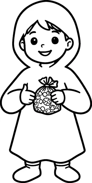 A smiling boy in a long hooded ghost costume holding a tied bag of sweets in both hands.