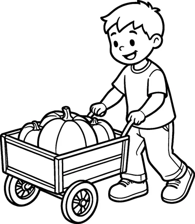 A happy boy in a T-shirt and jeans pushes a wooden wagon with spoked wheels piled with pumpkins.