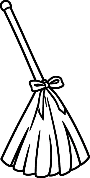 A tall broomstick with a round knob on the handle and a ribbon bow tied where the fanned bristles begin.