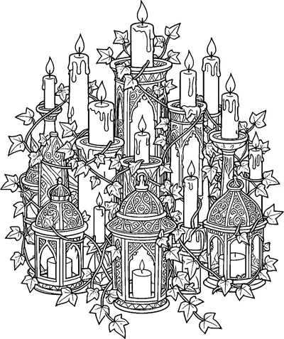 Tall dripping candles on patterned stands and three ornate lanterns grouped together, all wrapped in trailing ivy leaves.