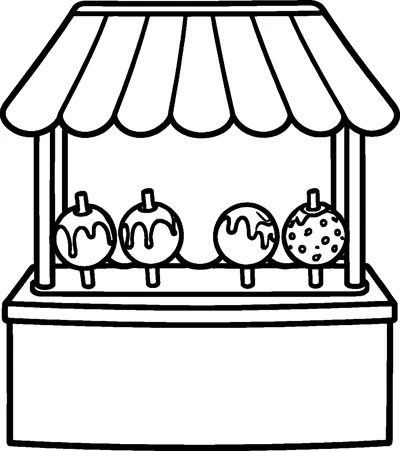 A market stand with a scalloped awning and four caramel apples on sticks lined up along the counter, one with sprinkles.