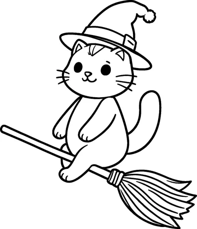 A cheerful cat in a floppy witch hat with a pompom sits on a flying broomstick with a bushy bundle of bristles.