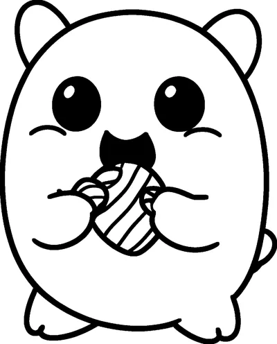 A round, chubby little monster with small ears holds a striped sweet in both hands and takes a bite.