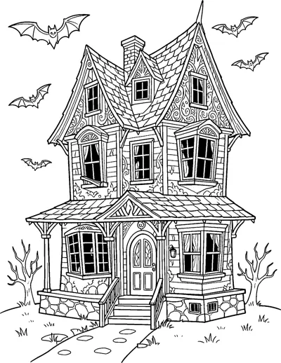 A tall crooked house with shingled roofs, a porch and stone base, with bats flying in the sky around it.