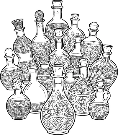 A cluster of corked potion bottles in many shapes and sizes, each decorated with swirls, diamonds and flowers.