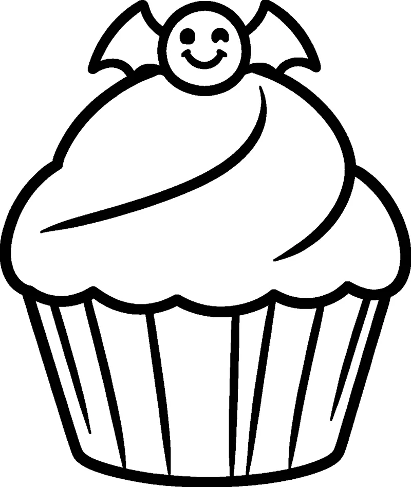 A tall cupcake with a swirl of frosting and a striped paper case, topped by a tiny winking bat.