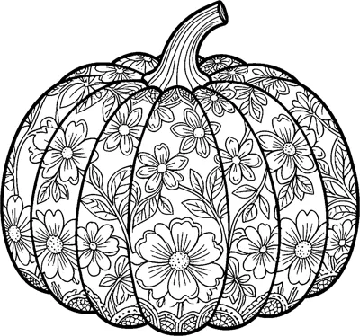 A large pumpkin with a curved stem, every section filled with daisies, leaves and lace patterns along the base.