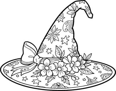 A pointed witch hat with a bent tip, a ribbon bow and a band of flowers, covered in little stars.