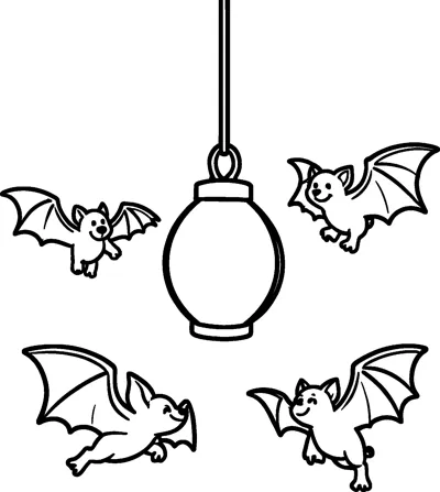 Four smiling cartoon bats with spread wings fly around a round hanging lantern.