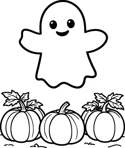 A smiling ghost with open arms floating above a row of pumpkins with leafy vines.