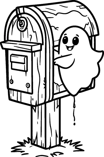 A smiling little ghost peeks out from behind a wooden mailbox on a post with grass around it.