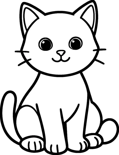 A friendly kitten sitting upright with big round eyes, whiskers and its tail curled at its side.