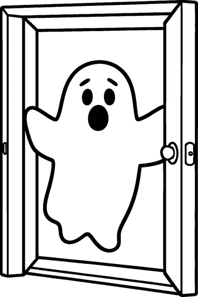 A small ghost with wide eyes and an open mouth floats through an open doorway with its arms out.