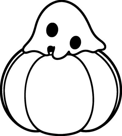 A round ghost with big eyes and an open mouth rises out of the top of a large ridged pumpkin.
