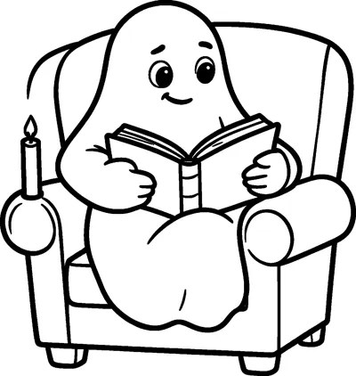 A smiling ghost sits in a cosy armchair reading an open book, with a lit candle on the arm of the chair.