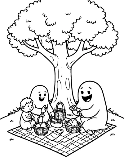 Two smiling ghosts and a small child sit on a checked blanket with picnic baskets under a leafy tree.